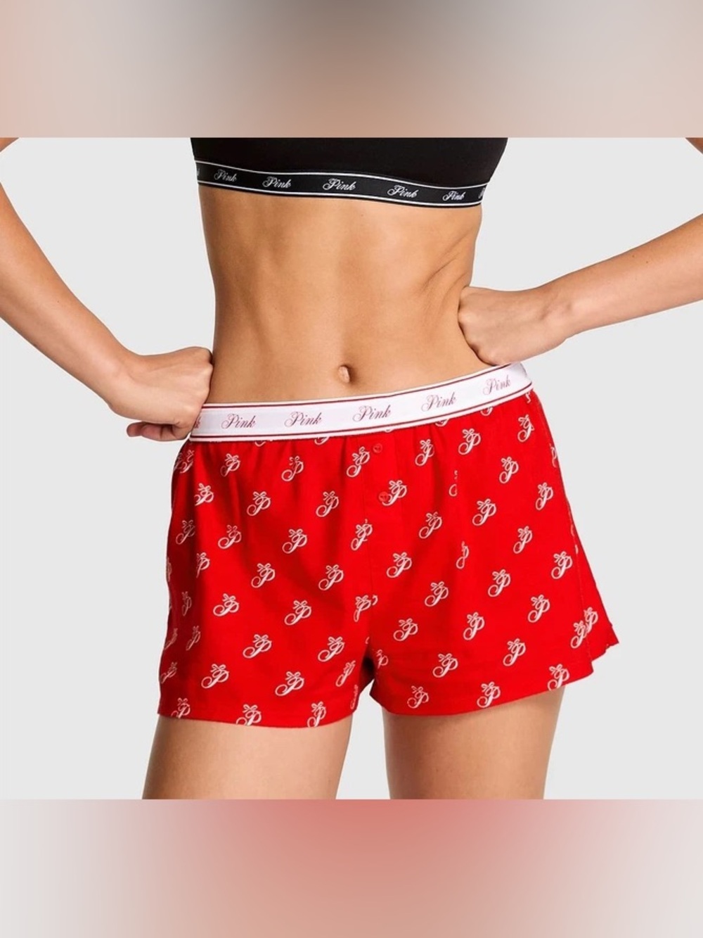 Victoria’s Secret PINK Red Flannel Logo Foldover Waist Boxer Sleep Shorts Pyjama